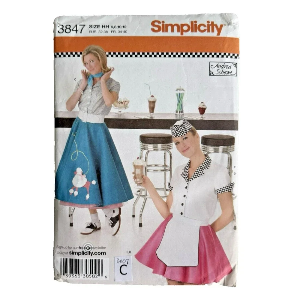 Simplicity 3847 50s Poodle Skirt Shirts Car Hop Costume Sewing Pattern Sz 6-12